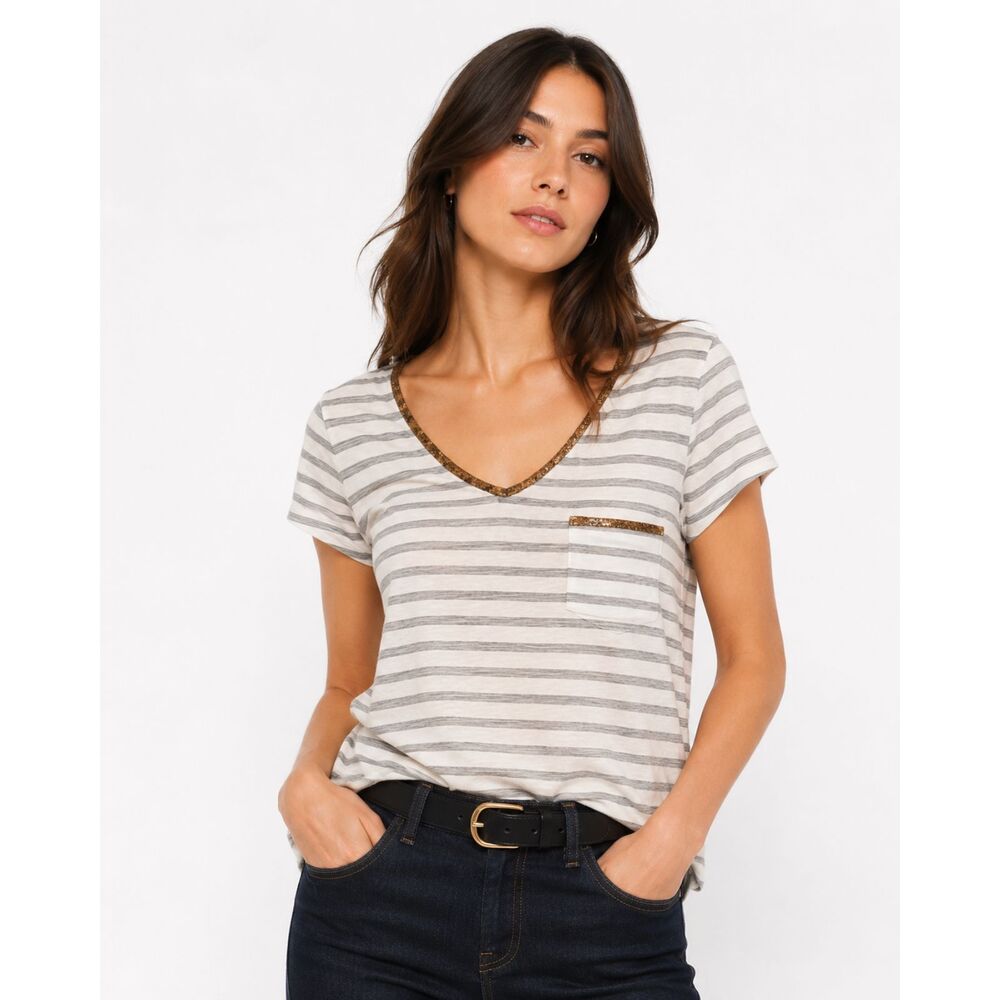 Andrew Charles Womens Blue White Striped Sequin V Neck Tee XS Boho Babydoll